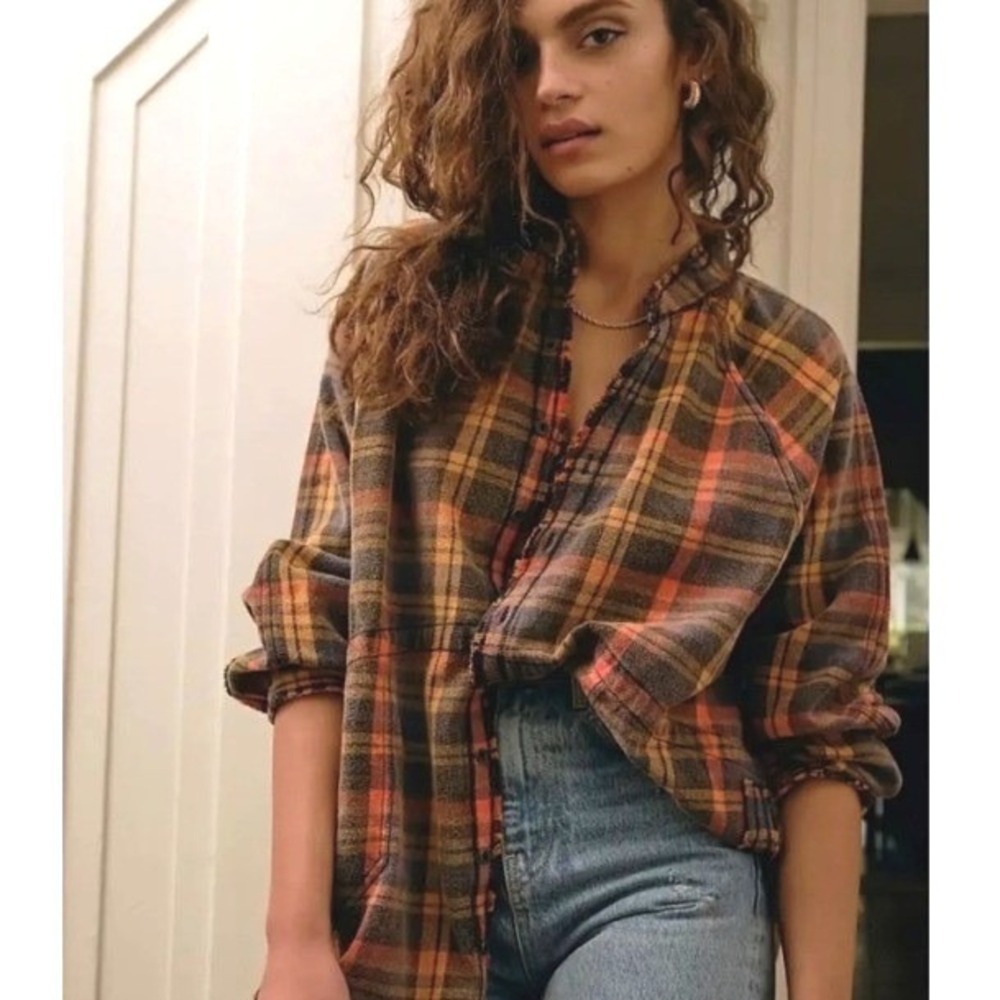 We The Free Summer Daydream Oversized Plaid Flannel Shacket Boho Grunge Earthy